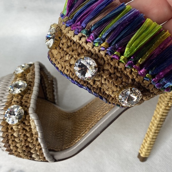 DOLCE & GABBANA‎ Keira Raffia Fringe & Crystal Embellished Sandal In Multi IT40 - Picture 8 of 9